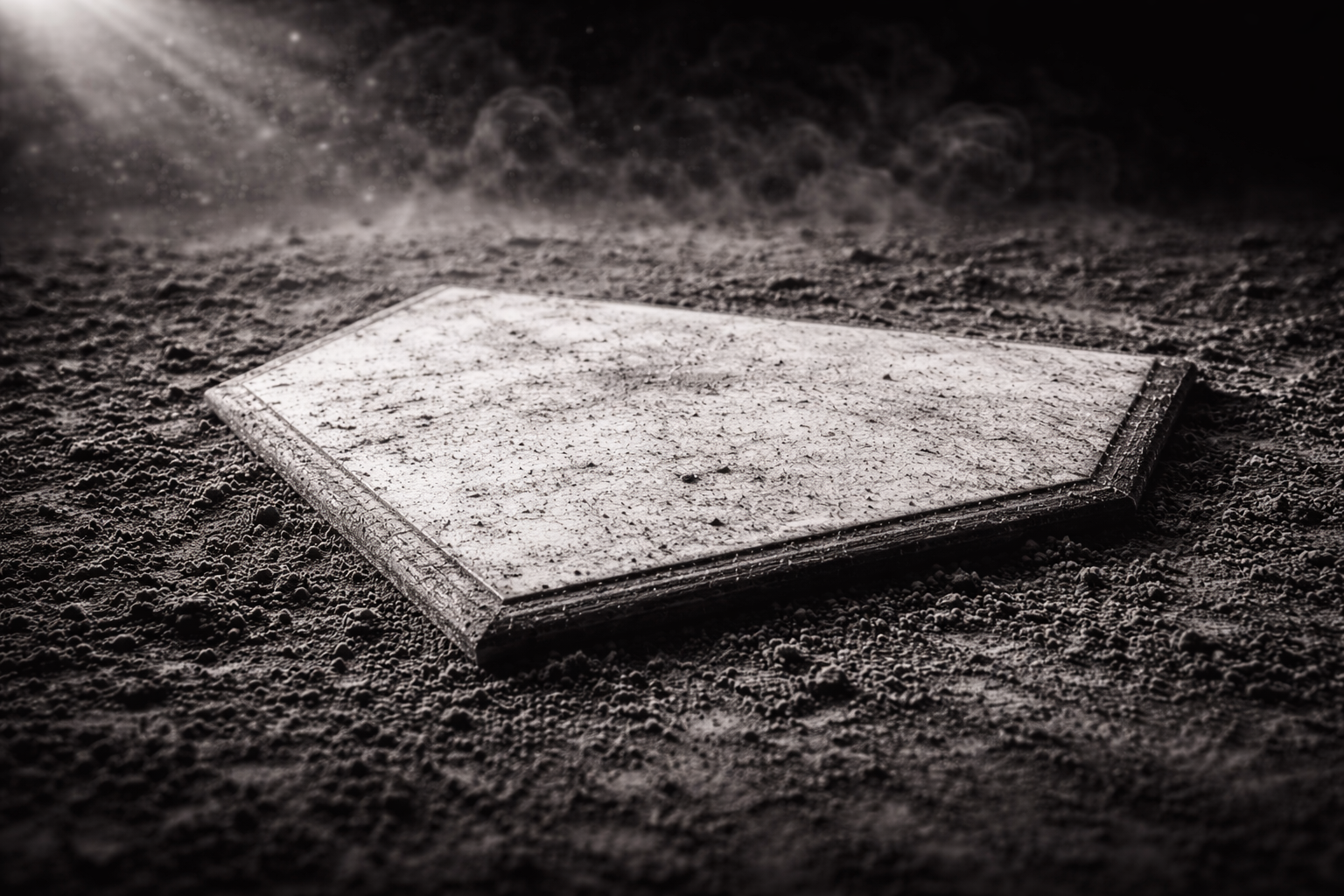 A dusty, dirty book lying on the ground in a dark, gritty environment with dust particles in the air.