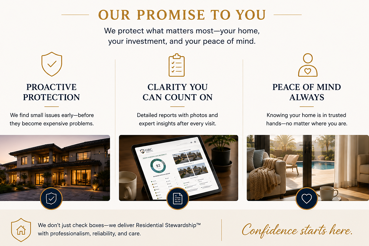 A promotional infographic titled "Our Promise to You" with three sections: Proactive Protection showing a house at sunset, Clarity You Can Count On displaying a tablet with reports, and Peace of Mind Always featuring a cozy living room with a view. Each section includes an icon and a brief description, emphasizing home protection, detailed reports, and trust.