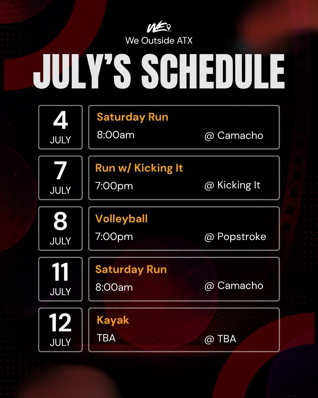 July is here and we&rsquo;ve got another month of opportunities to move your bodies and be in community. 

Whether you&rsquo;re joining us for a run, karaoke, hiking, line dancing, or Brunch N Motion, there&rsquo;s something for everyone.

Events are
