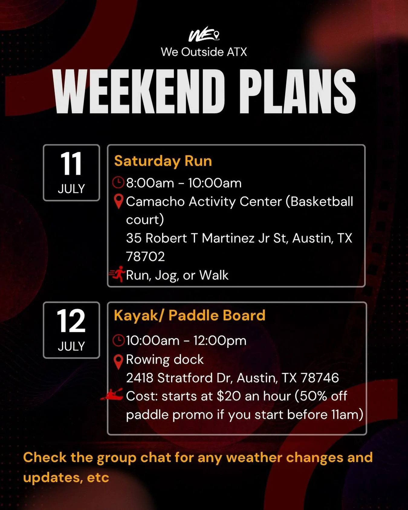 See you outside this weekend! 

Join the group chat for any updates! 

Kayaking can be bought in person. 

RSVP at the link in bio so we know you&rsquo;re coming
