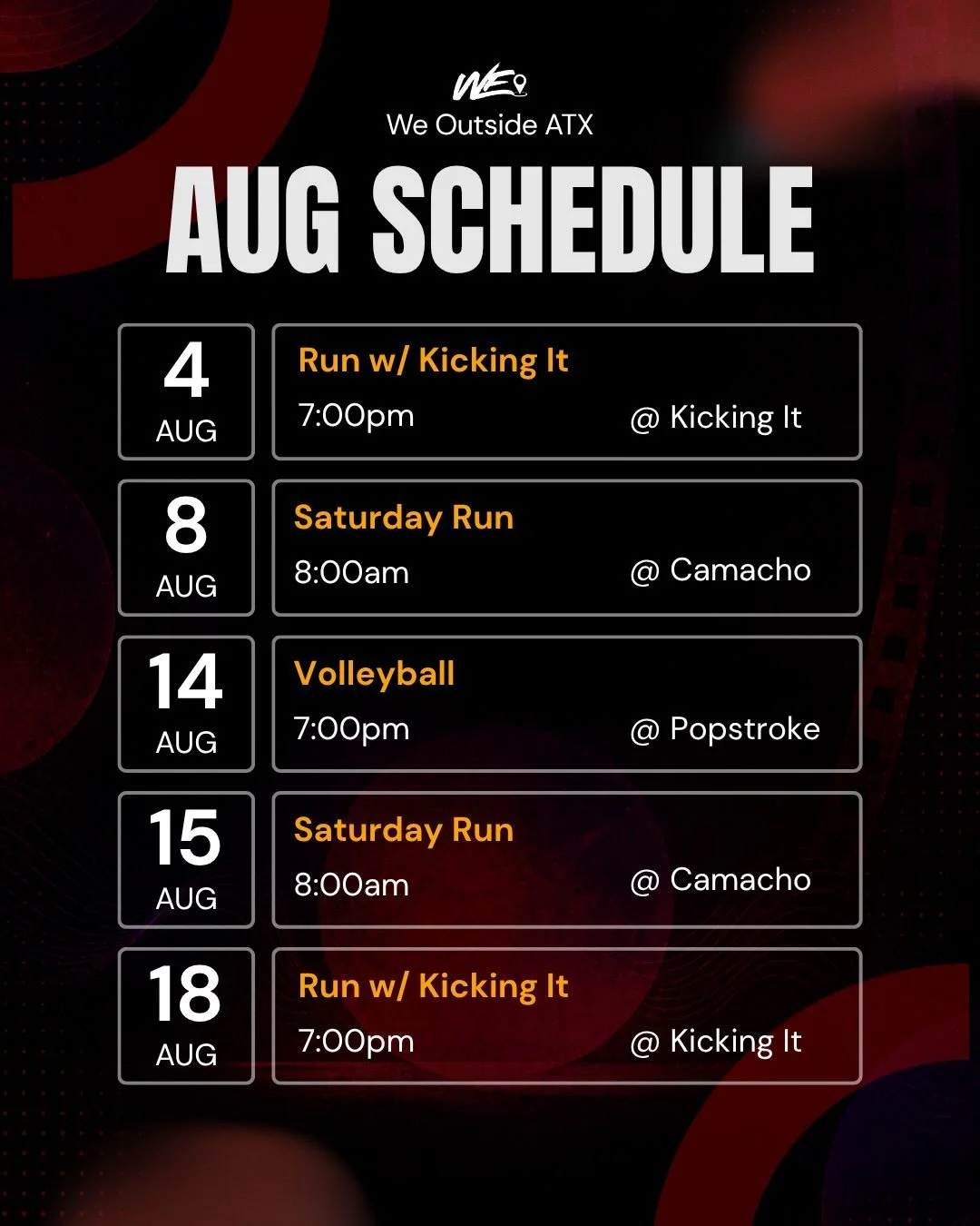 Here&rsquo;s where to find us this month ! 

We&rsquo;re also looking forward to serving the community with you all and doing volunteer work. This information will be sent out through email if you filled out the form. 

See yall outside !
