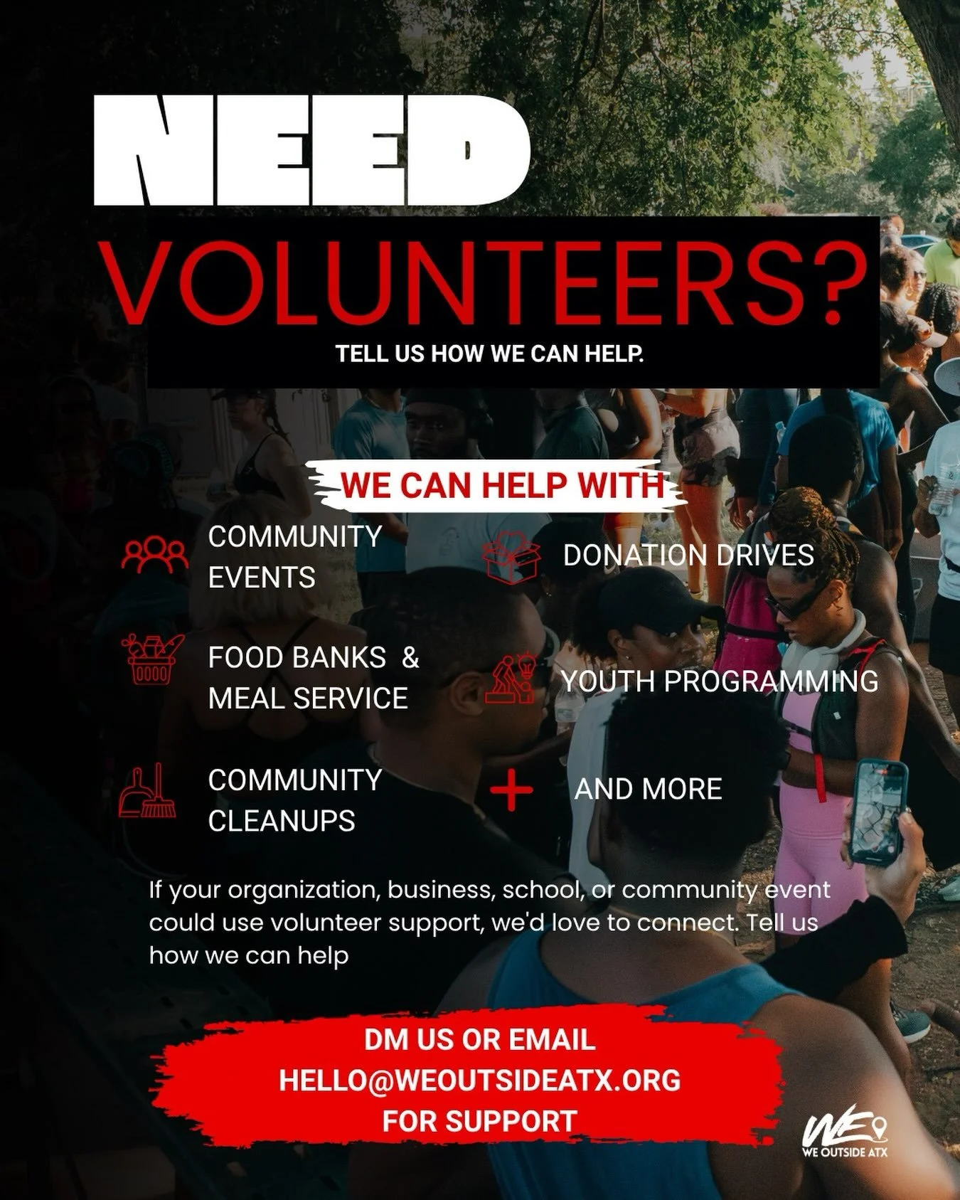 If you&rsquo;re a nonprofit, organization, school, local business, food bank, etc or you&rsquo;re hosting a community event and could use volunteer support, we&rsquo;d love to connect and add you to the list of people we serve. 

We&rsquo;re building