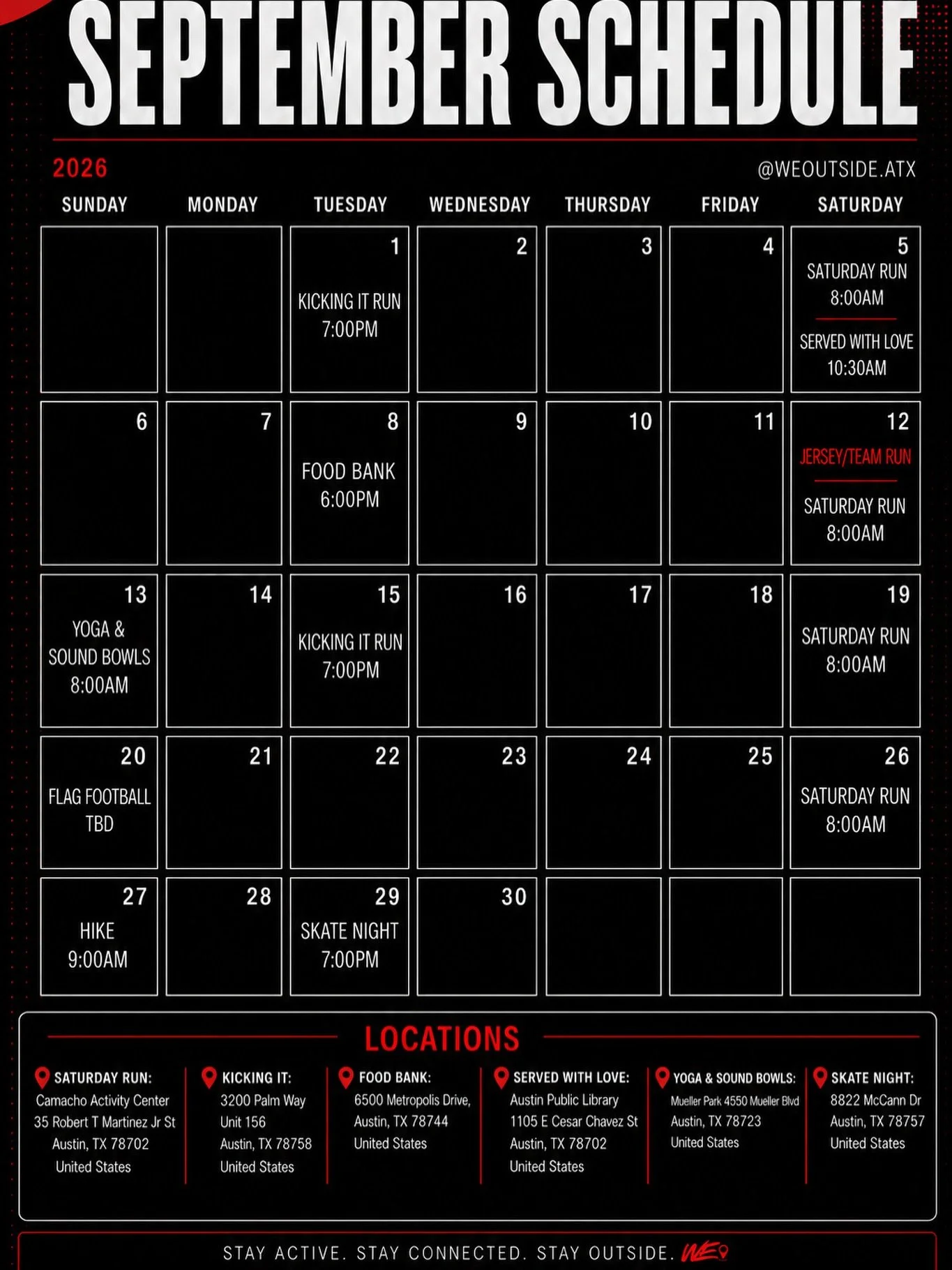 Here&rsquo;s where to find us during this beautiful month!

We&rsquo;re also looking forward to continue serving the community with you all and doing volunteer work. 

This information will be sent out through email if you filled out the form.

See y