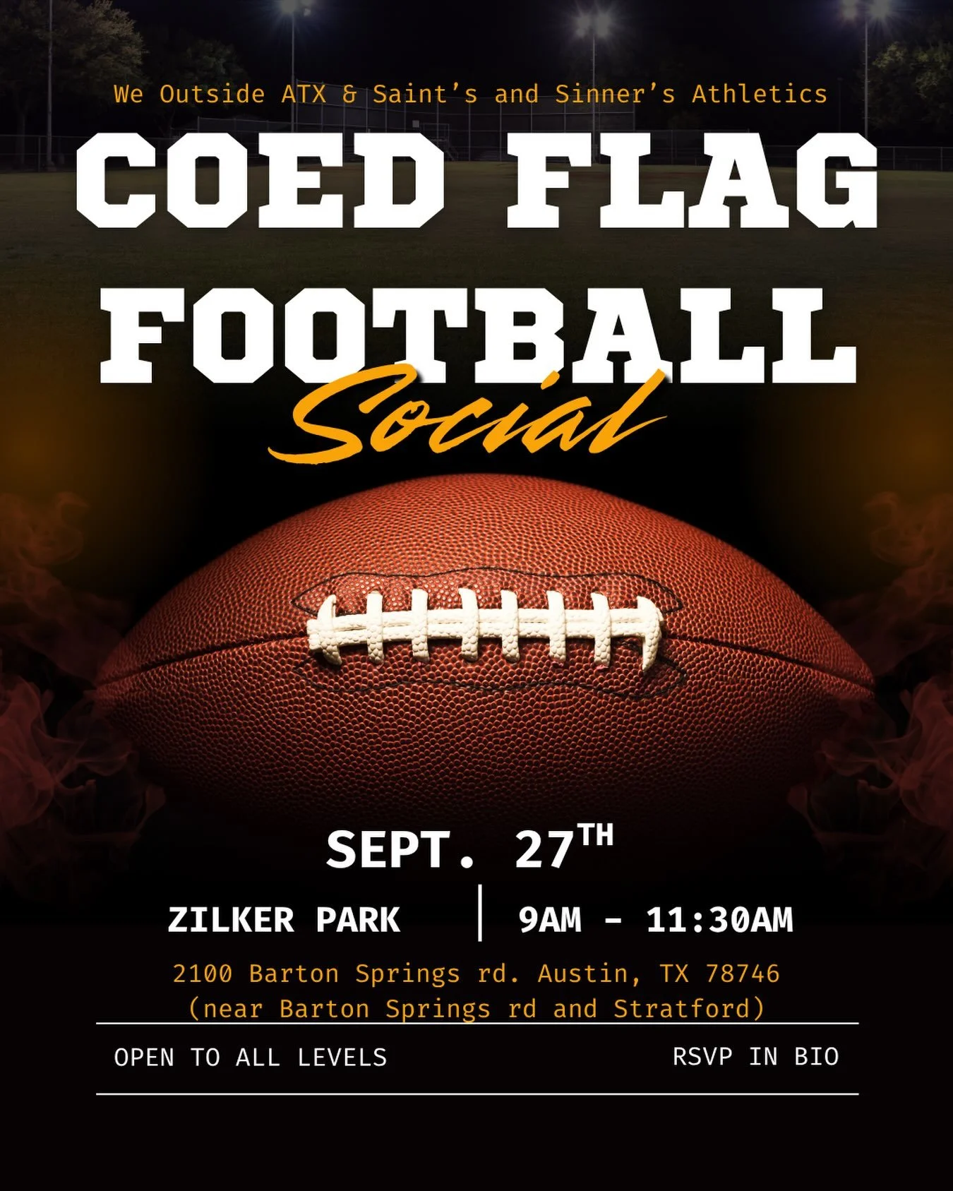 Flag football is here on 9/27/2026 

We&rsquo;re partnering with @saintsandsinnersathletics for this awesome event. 

This is open to all levels. Co-ed. Rather you&rsquo;ve played before or not, we wanna see you out. Invite a friend or 5 

If you&rsq