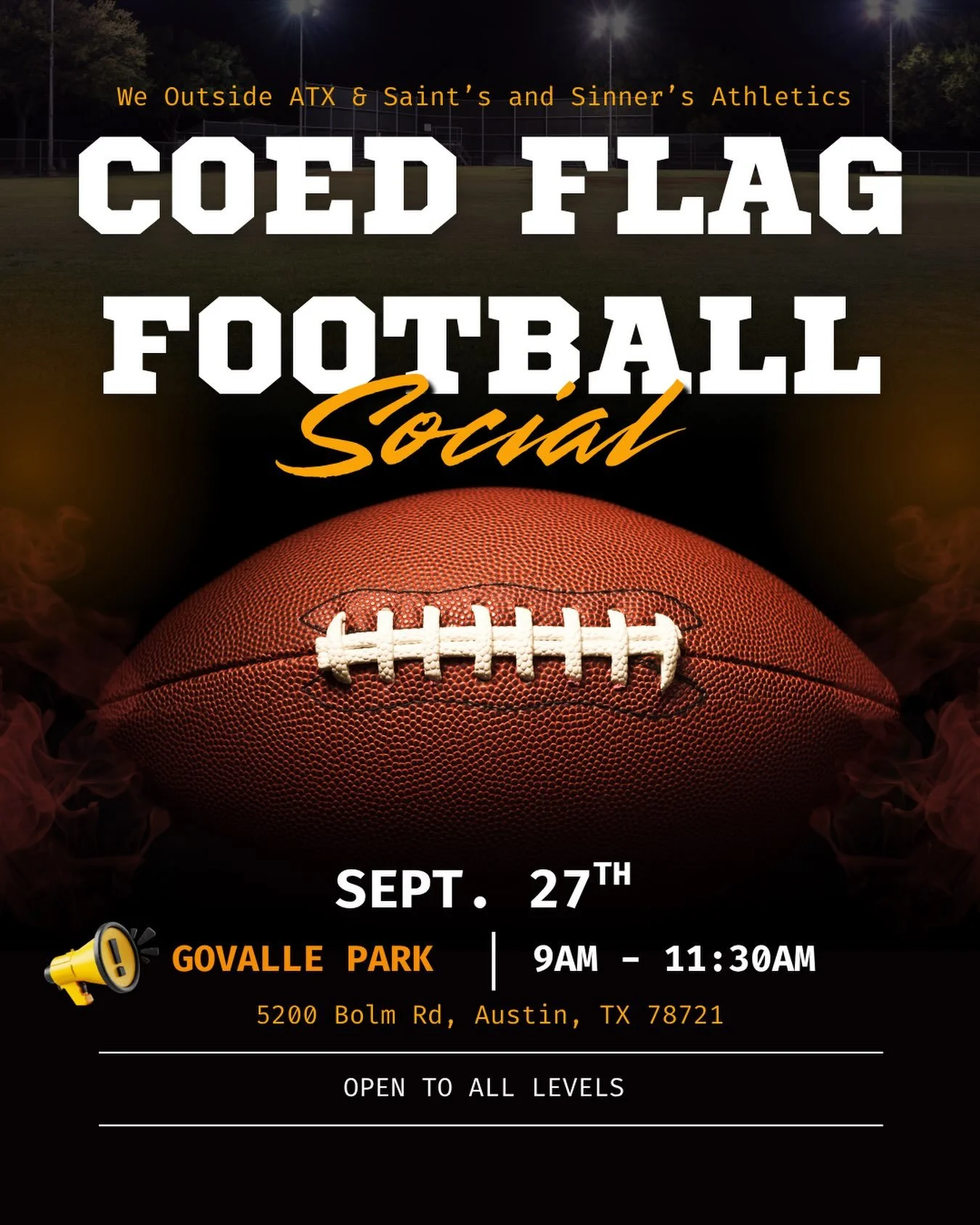 Location change: Govalle Park 

We&rsquo;ve updated the location for Flag Football due to Zilker being inaccessible for ACL. 

See yall at Govalle Park this Sunday 

Open to all experience levels 

Feel free to bring a chair, blanket, hydration, snac