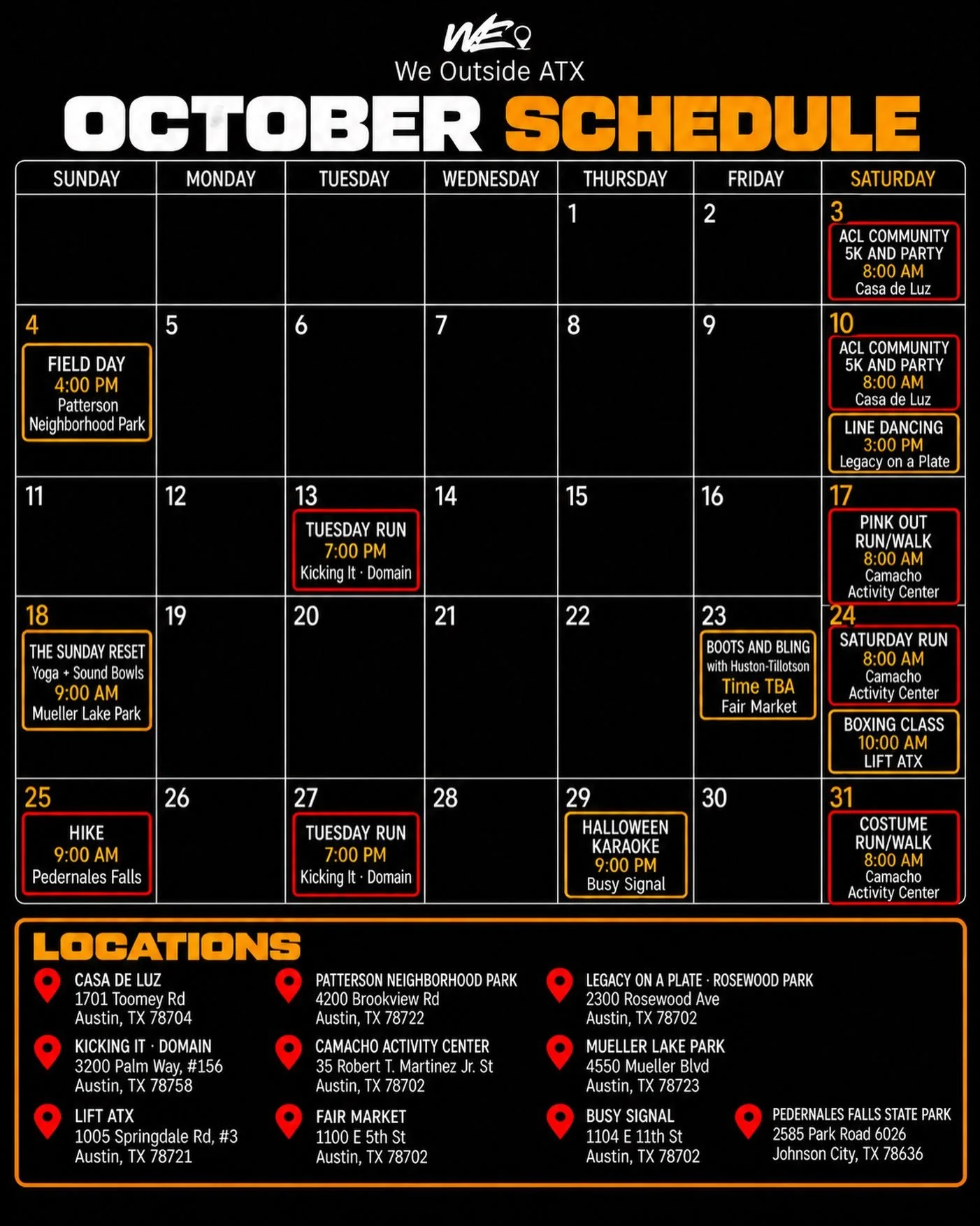 Need something to do next month? Don&rsquo;t worry, we got yall covered with something every week !! 

🚨🚨 FYI: our first two Saturday runs are at Casa De Luz in partnership with some other dope run clubs to get the ACL weekends started off right! (