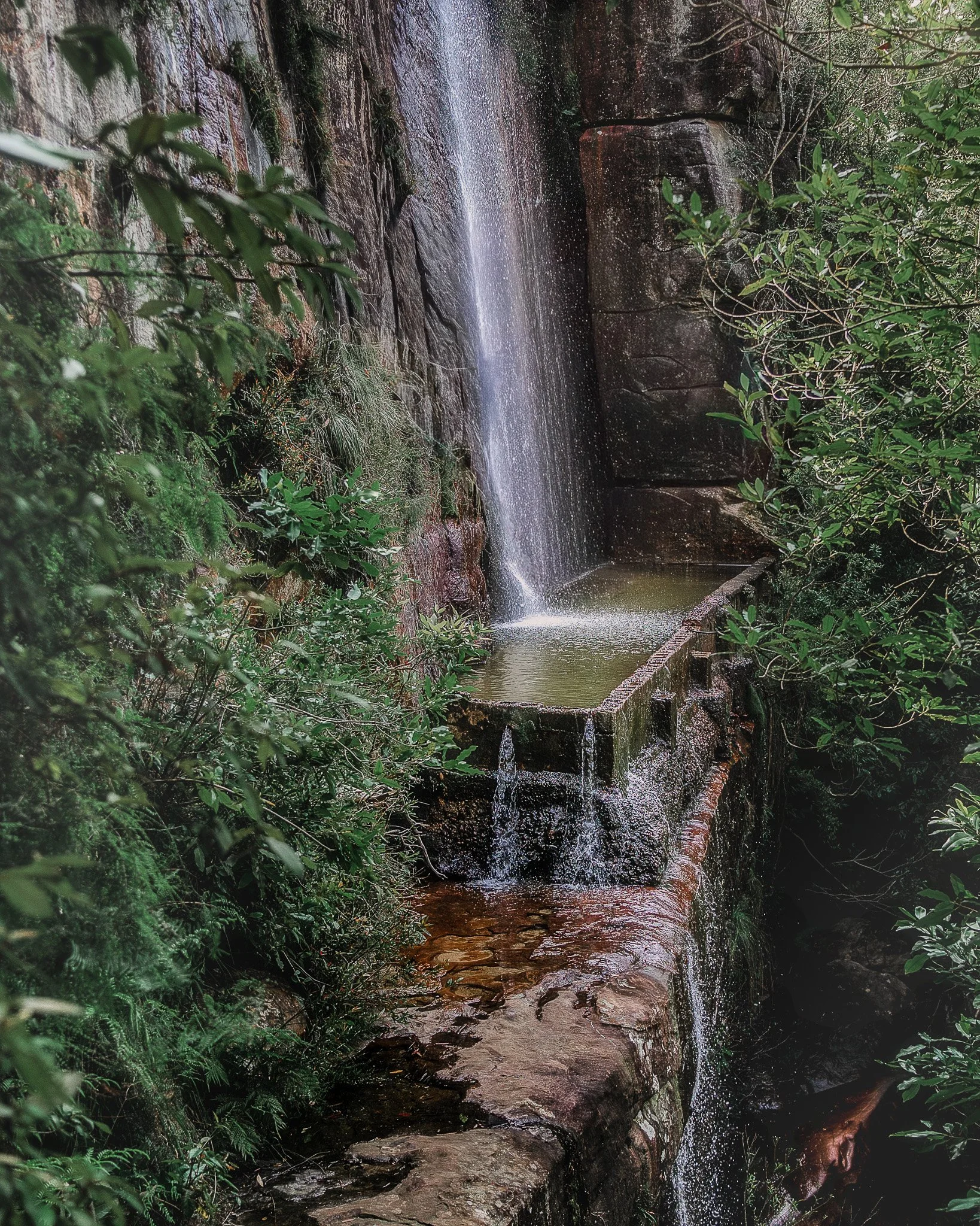 A small waterfall flowing down a rocky cliff into a shallow pool surrounded by green foliage.