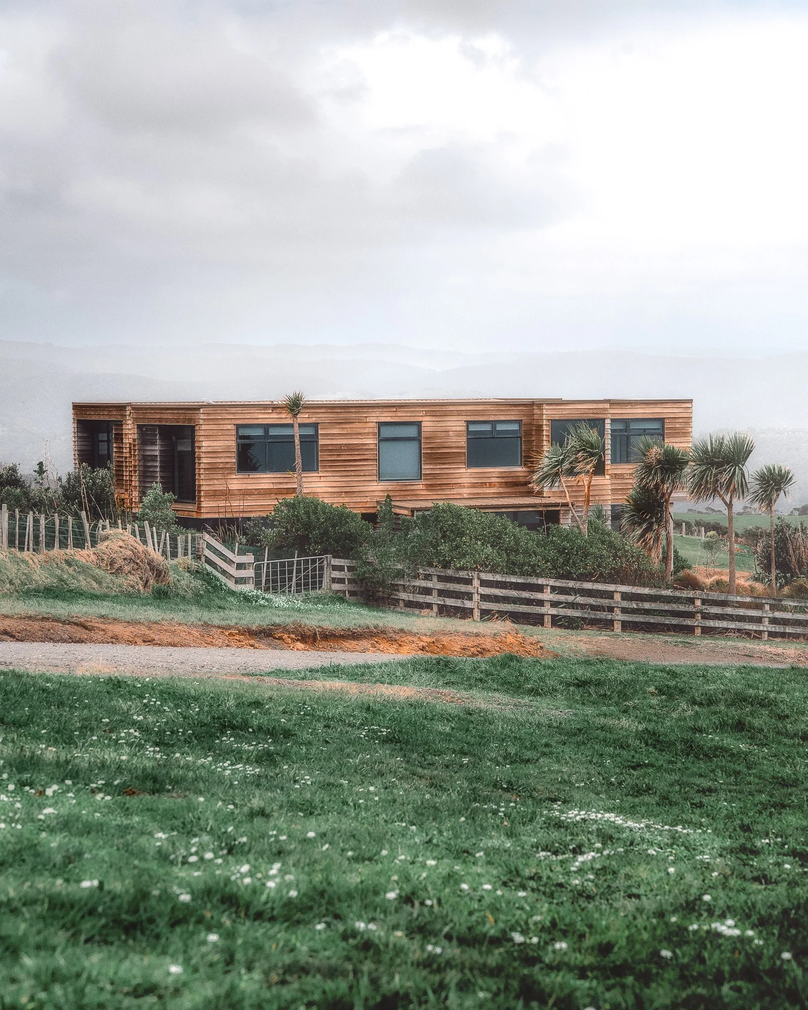 A modern house with wooden exterior walls, large windows, and surrounding desert plants, situated in a landscape with grass and a cloudy sky.