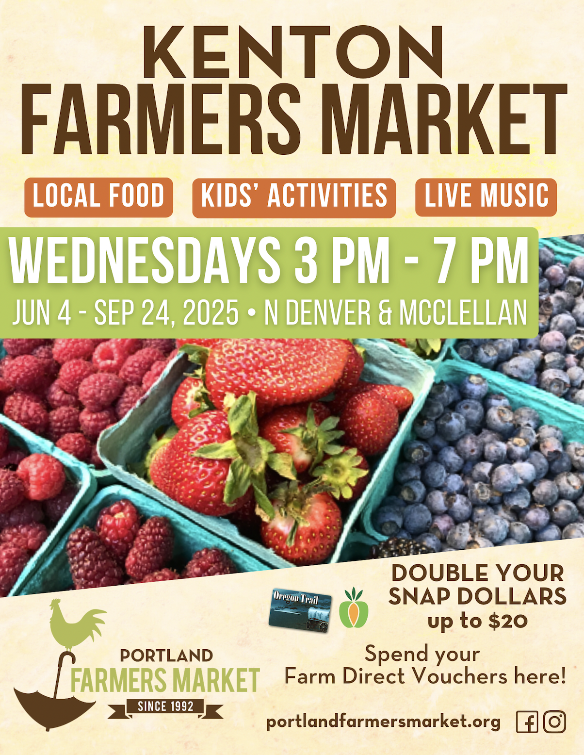 Kenton Farmers Market flyer featuring an image of raspberries, strawberries, and blueberries.