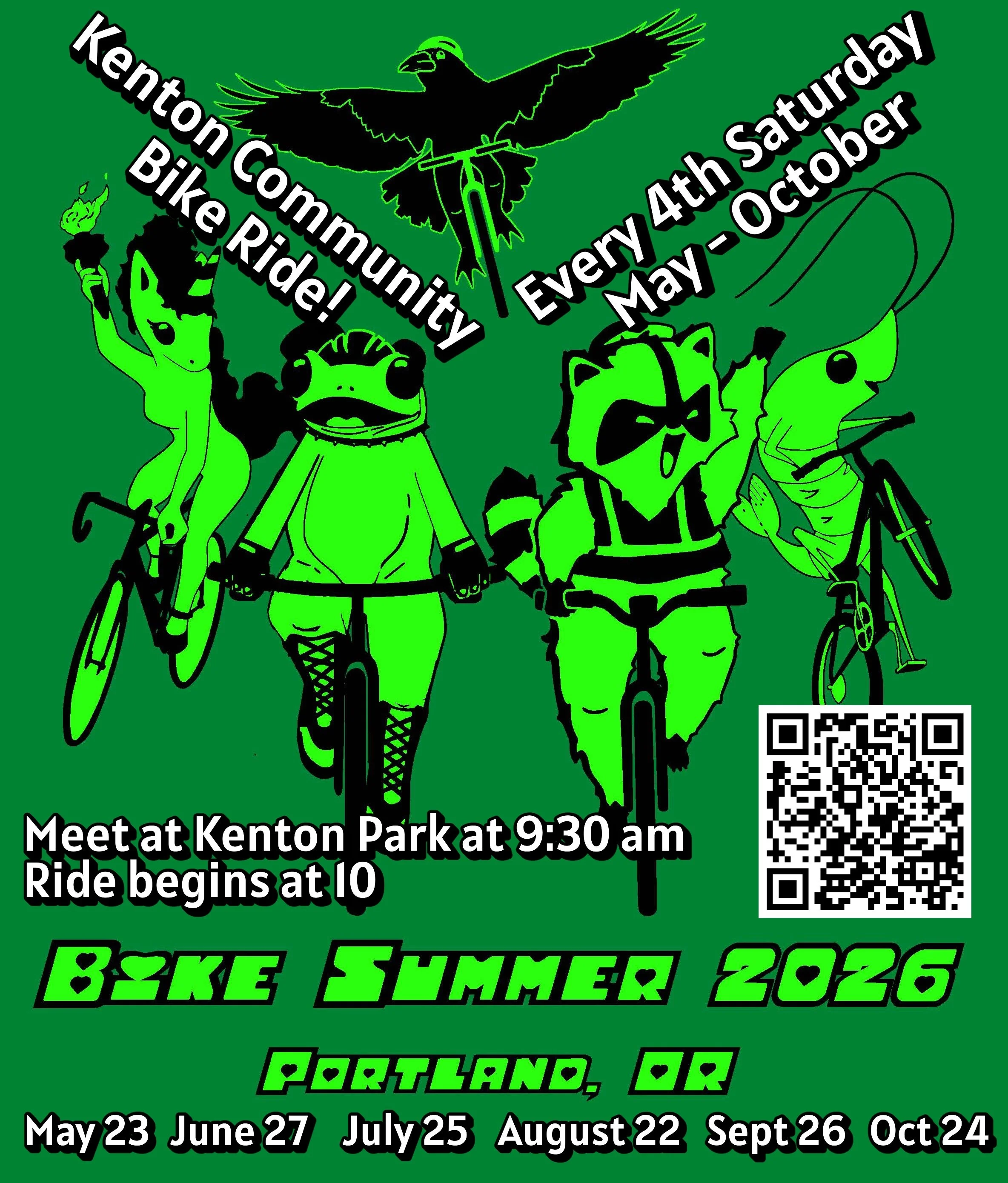 Bright green flyer with cartoon animals riding bikes, promoting Kenton Community Bike Rides happening every 4th Saturday, May-October, meet at Kenton Park at 9:30am