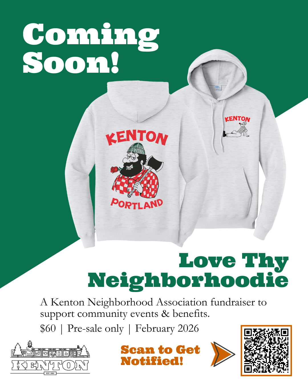 Flyer with a split green and white background, with front and back mockups of a grey pullover hoodie featuring an artistic rendition of Paul Bunyan holding an axe in his hand and a rose in his mouth.