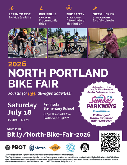 Purple flyer promoting the North Portland Bike Fair on July 18, 10am-1pm at Peninsula Elementary School