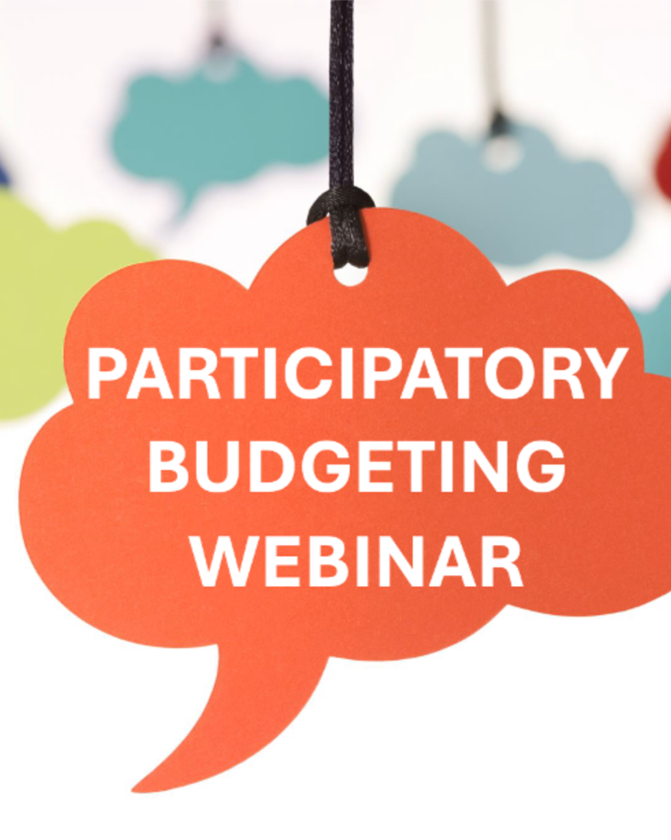 Designed image: Orange conversation bubble with white text reading "Participatory Budgeting Meeting” inside it.