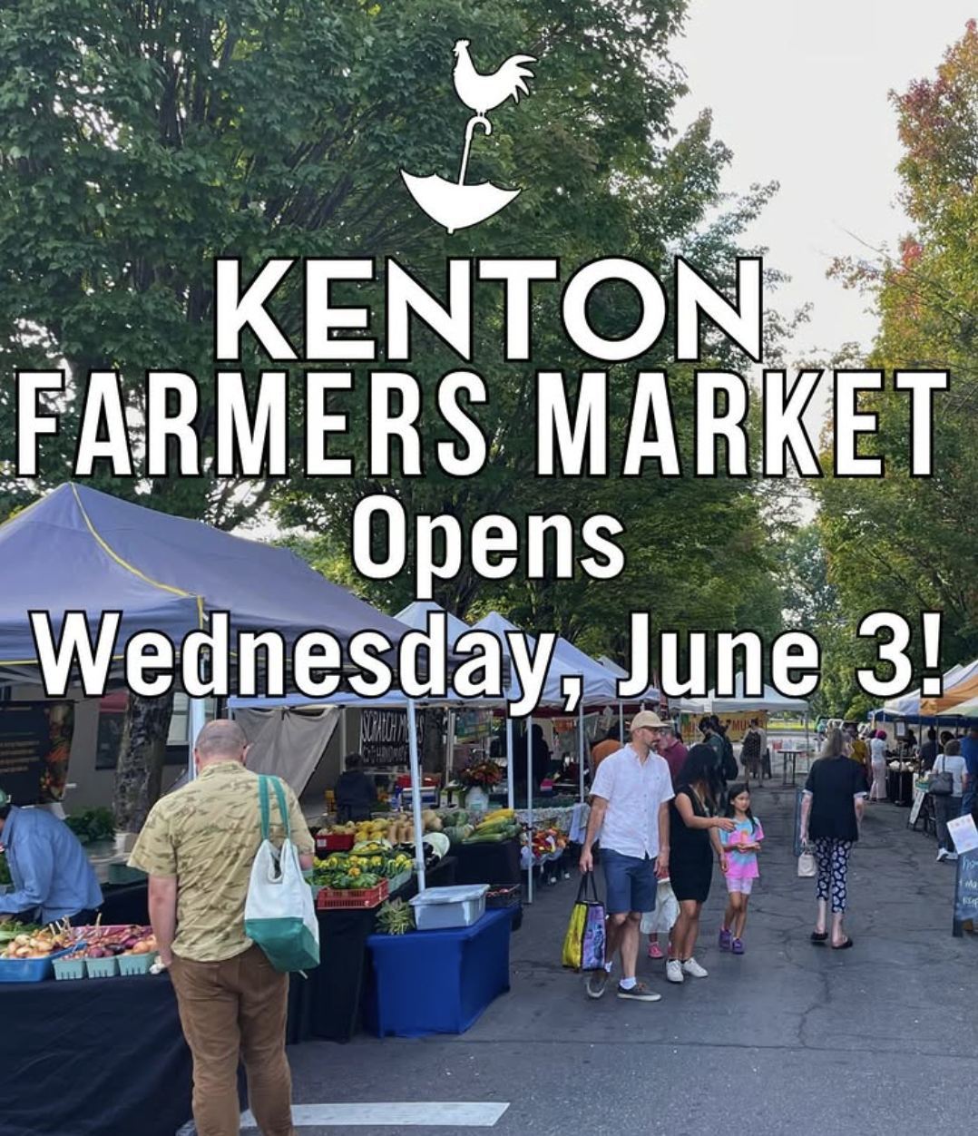 Shoppers at a farmers market with white text reading “Kenton Farmers Market Opens Wednesday, June 3!"