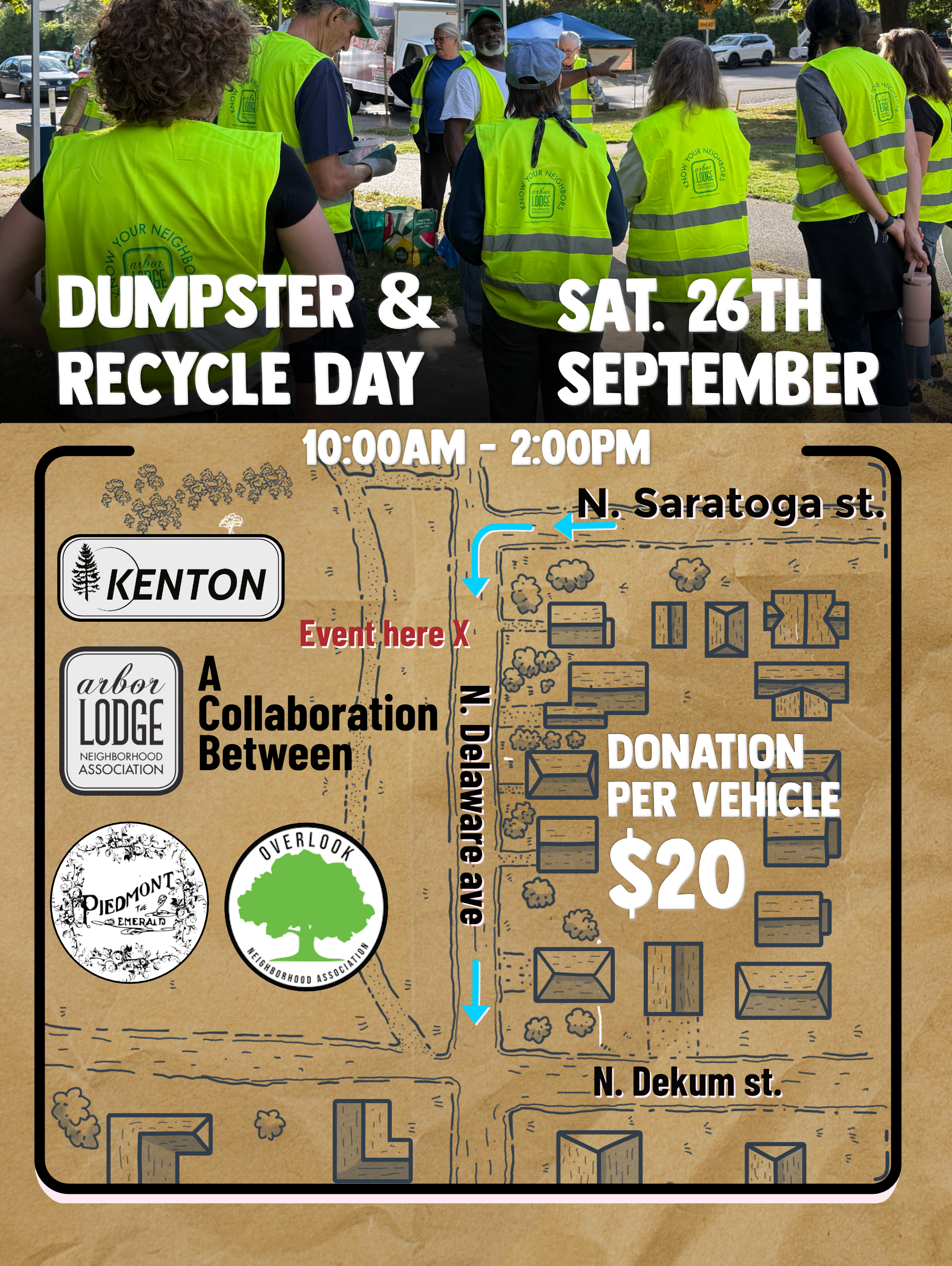 Dumpster & Recycle Day, September 26th, 10am-2pm, at Arbor Lodge Park. Enter N Delaware via N Saratoga St