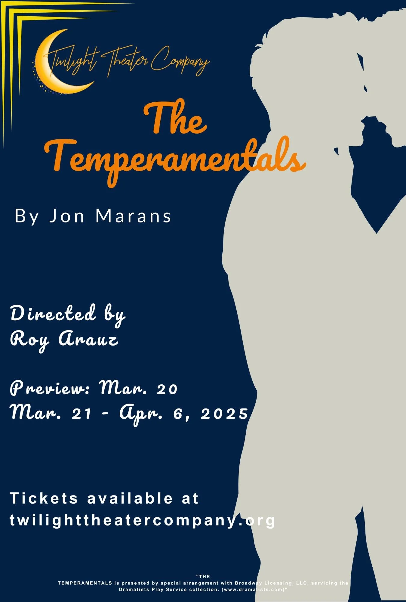 Flyer with a dark navy blue background with the outline of two male figures in taupe on the right and text in white and orange on the left.