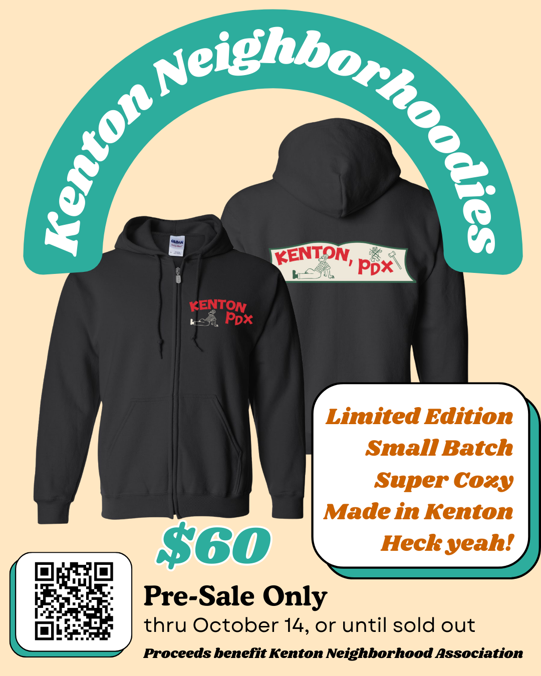 Flyer with a light tan background, with front and back mockups of a black zip up hoodie.