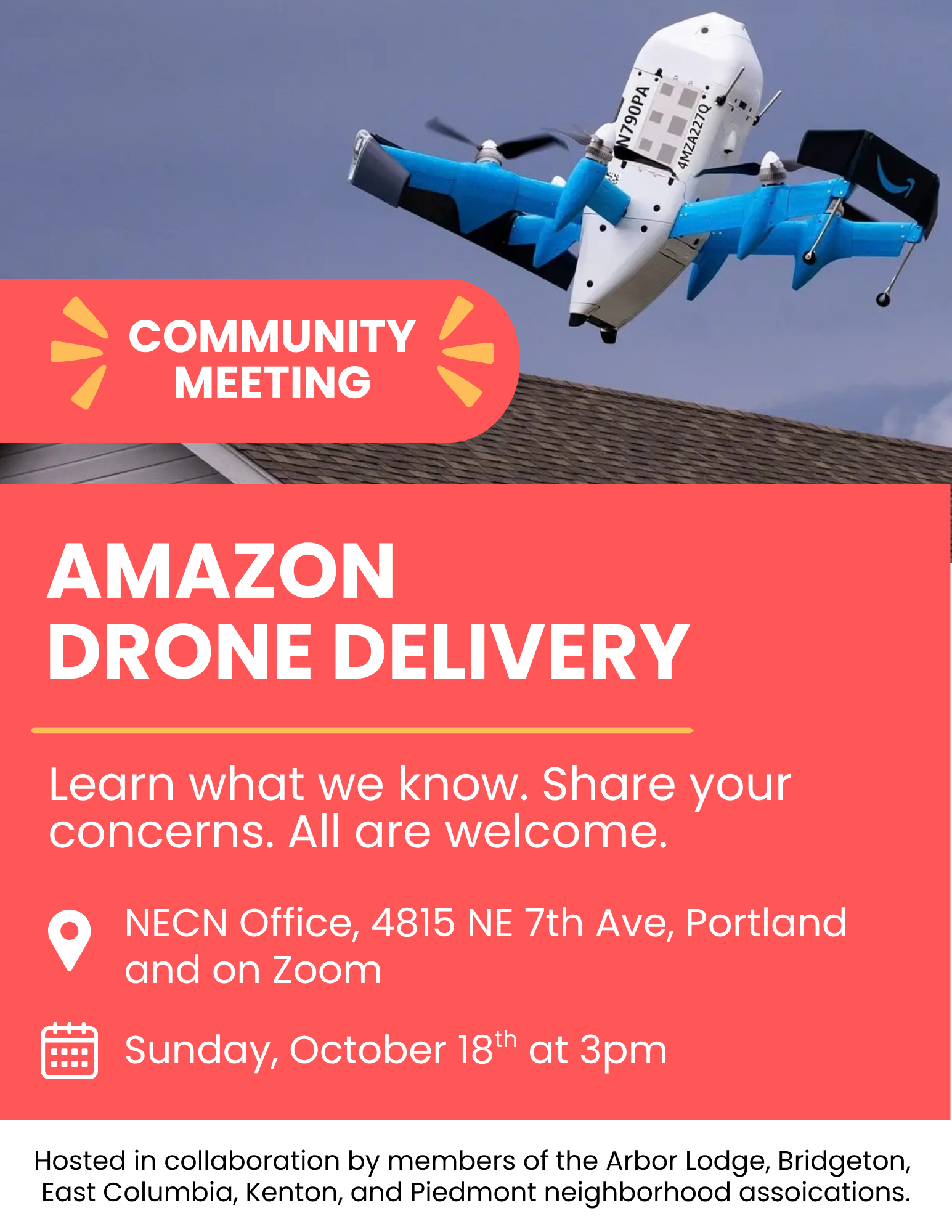 Flyer: Amazon Drone Delivery Community Meeting on Sunday, October 18, 3pm, at 4815 NE 7th Ave or on Zoom