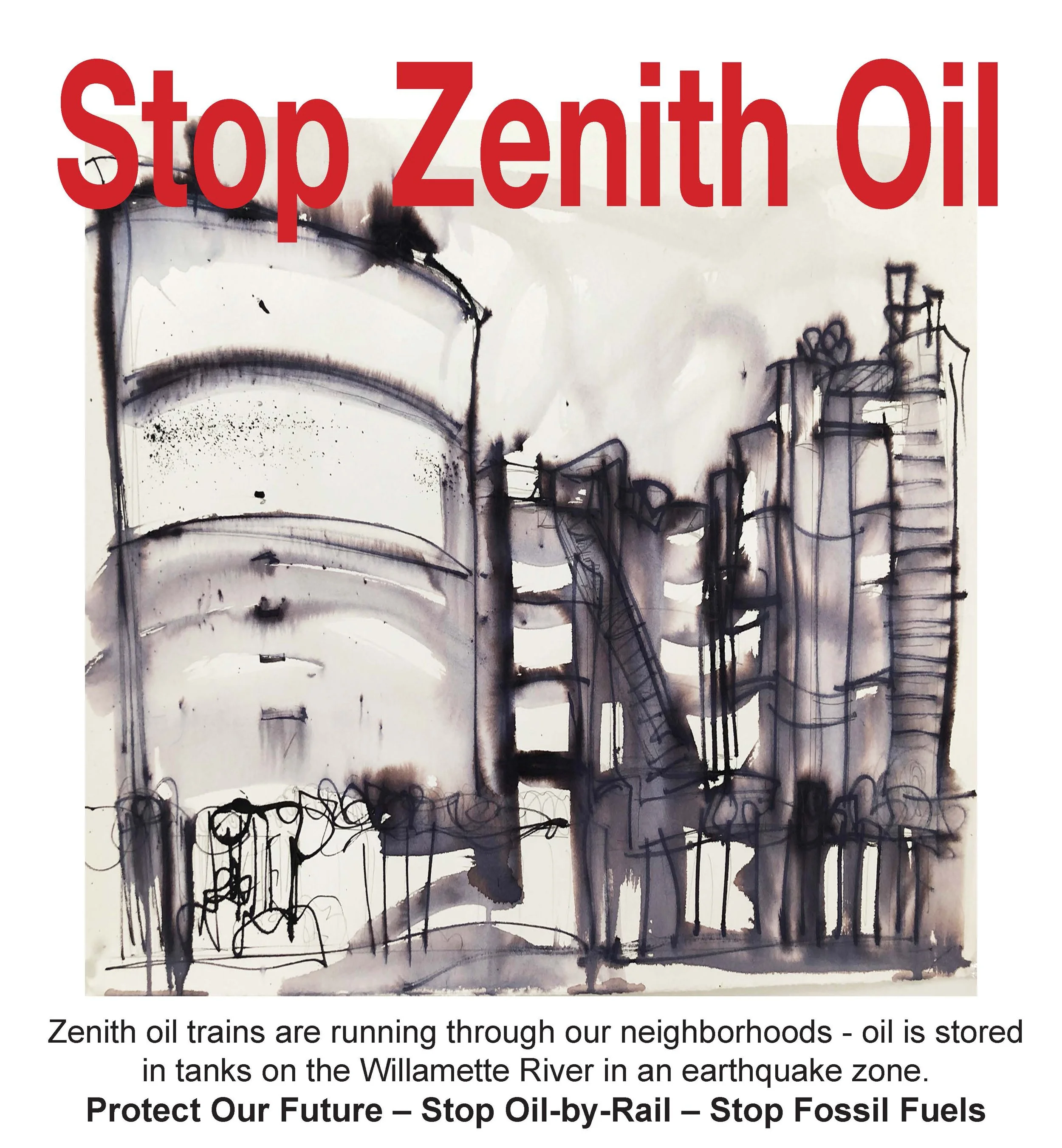 Flyer featuring a black ink drawing of industrial chemical tanks and "Stop Zenith Oil" in red text.