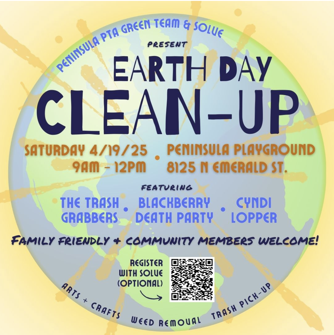 Illustration of Earth with event information text and a registration QR code placed over it.