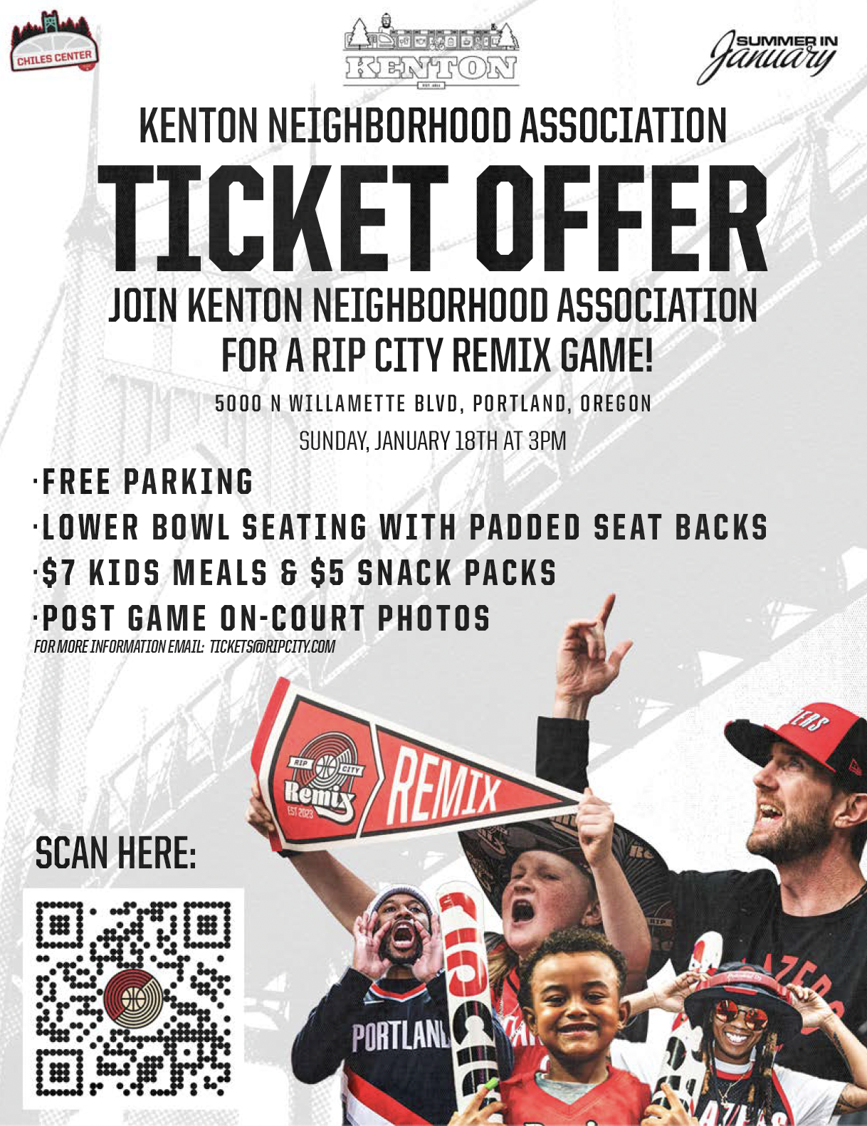 Flyer with a white background and faint grey illustration of a bridge with text and collage of Remix fans in the lower right corner.