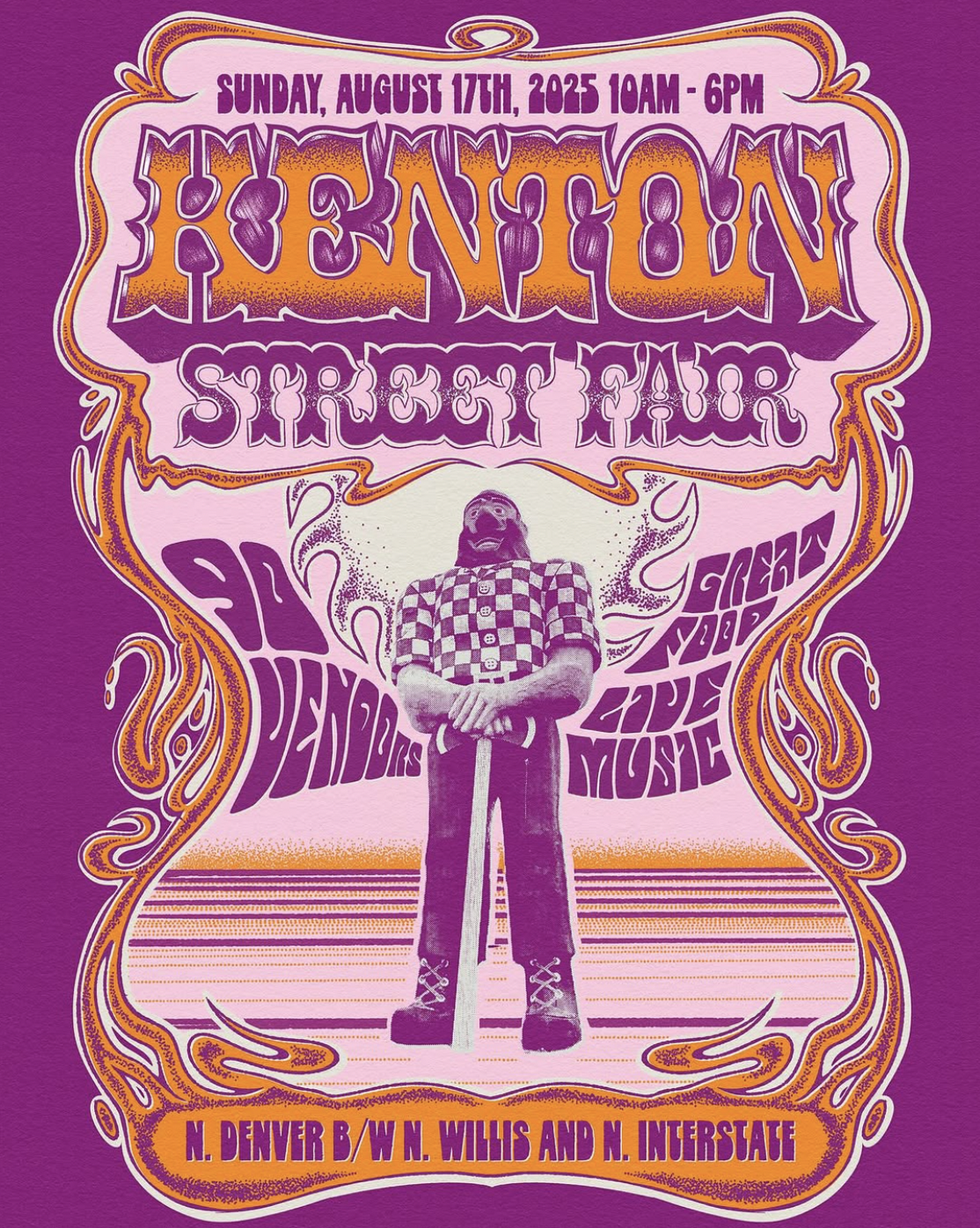 Vibrant fuschia and orange art nouveau revival-meets-1970s-psychedelica flyer featuring an image of the Paul Bunyan statue and text reading “Sunday, August 27th, 2025, 10am-6pm KENTON STREET FAIR”