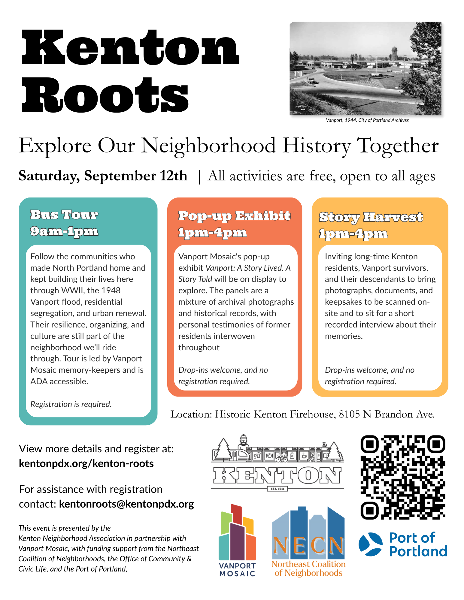 Designed image: Kenton Roots: Explore our Neighborhood History Together on September 12 with a bus tour, pop-up exhibit, and story harvest
