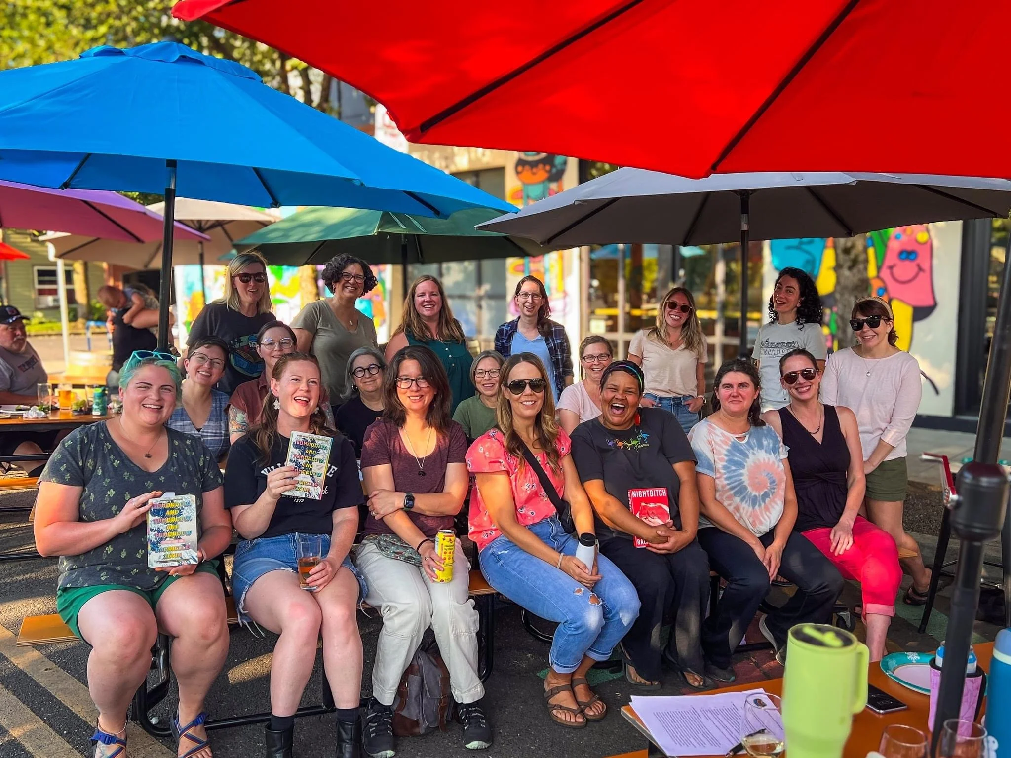 Kenton Book Club gathering at Fenwick Plaza near Mayfly Taproom.