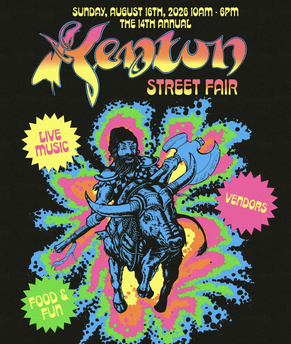 Kenton Street Fair flyer featuring a retro Fantasy/Sci Fi-inspired rendition of Paul Bunyan riding Babe the Blue Ox surrounded by a multicolored neon aura on a black background