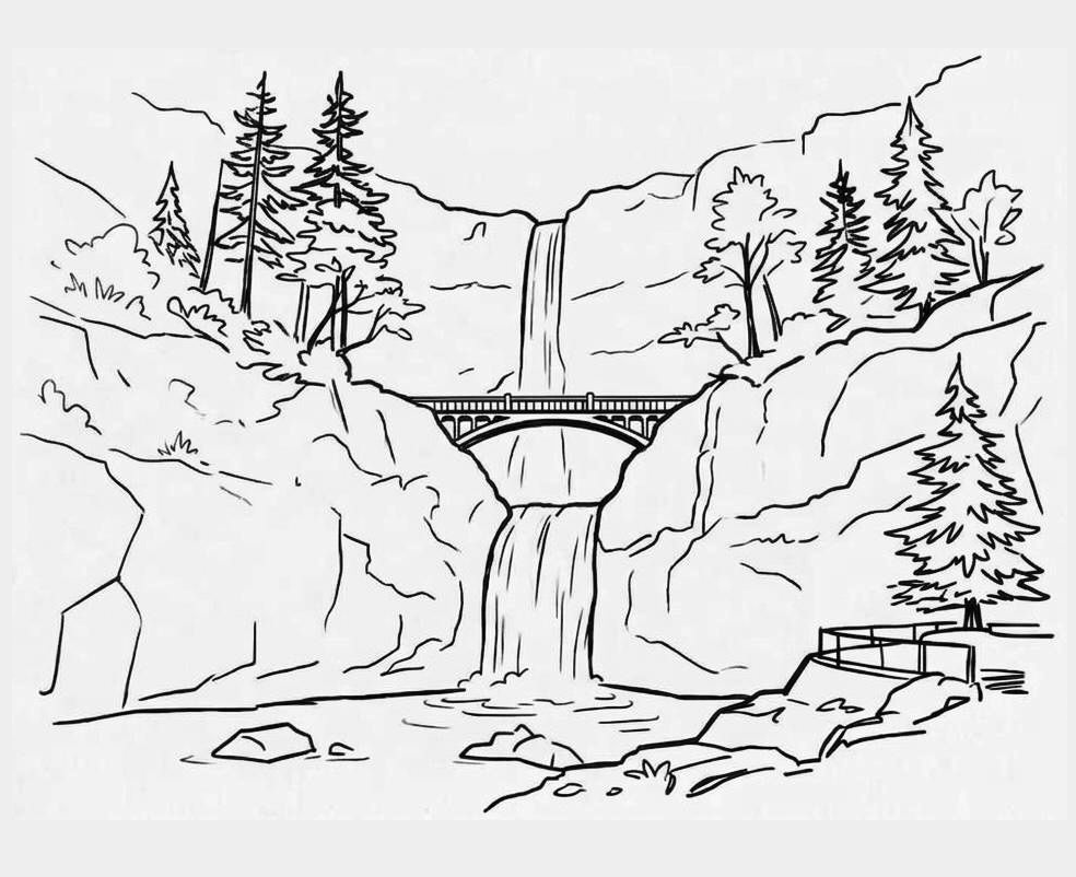 Line drawing of Multnomah Falls