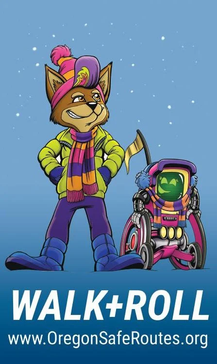 Flyer promoting Walk+Roll to School Day featuring a cartoon fox confidently wearing winter clothing and a smiling, wheeled robot.