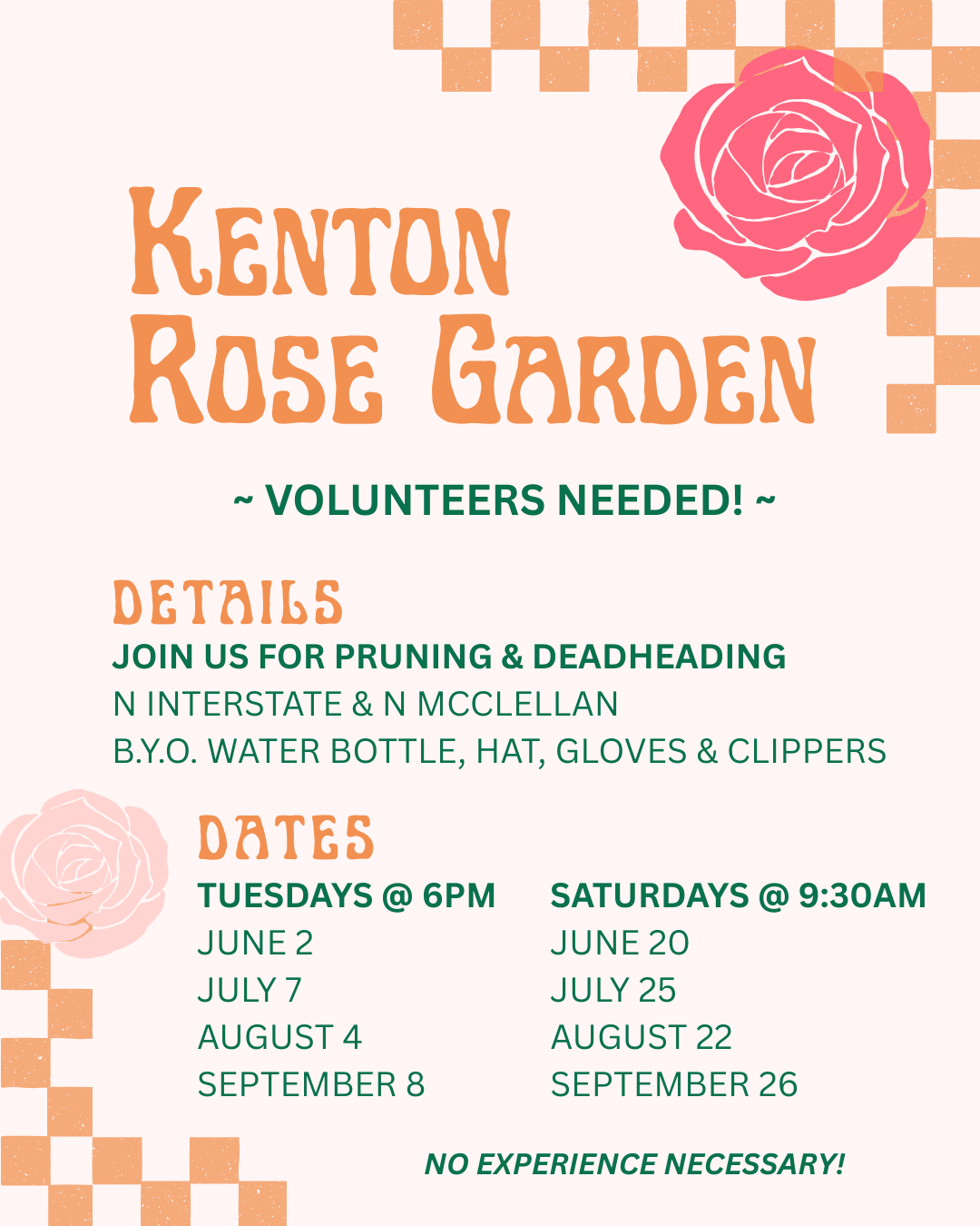 Flyer with a light pink background listing 2026 volunteer dates for the Kenton Rose Garden