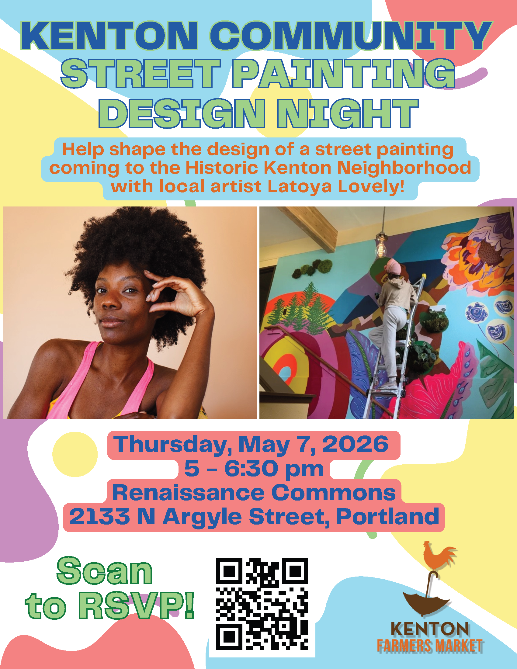 Colorful flyer promoting the Kenton Community Street Painting Design Night on May 7, 5-6:30pm at Renaissance Commons
