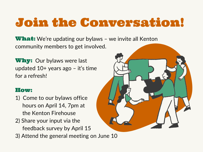 Flyer with “Join the Conversation” in bold orange letters, an illustration of four people putting puzzle pieces together, and text providing details about how to provide input about KNA bylaws updates