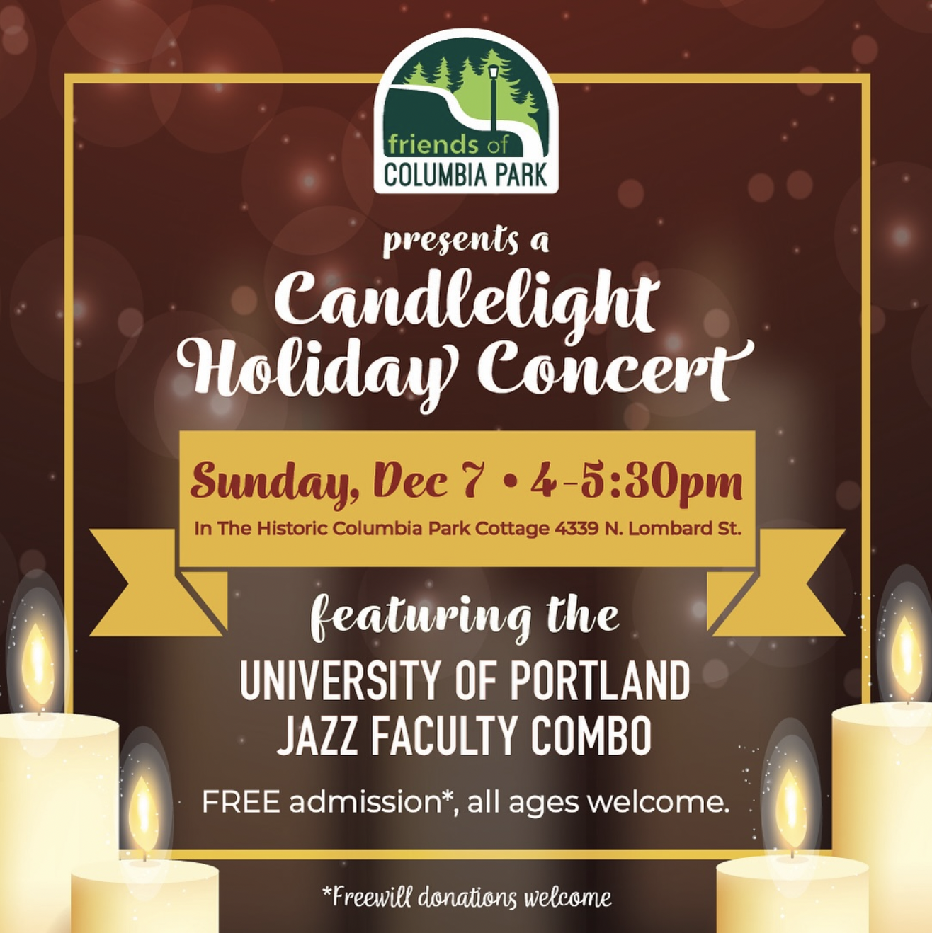 Flyer with a burgundy and twinkly light background, candles in the foreground, the Friends of Columbia Park logo in the top center area, and cursive script providing event details in the center.