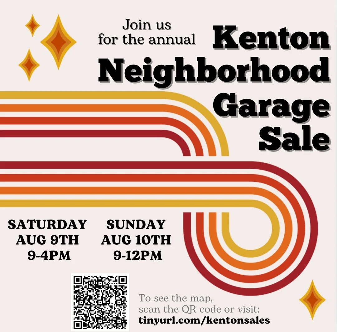 Flyer with text reading “Join us for the annual Kenton Neighborhood Garage Sale, Saturday, August 9, 9am-4pm and Sunday, August 10, 9am-12pm.” Decorative red, orange, and yellow twisting lines and diamonds surround the text.