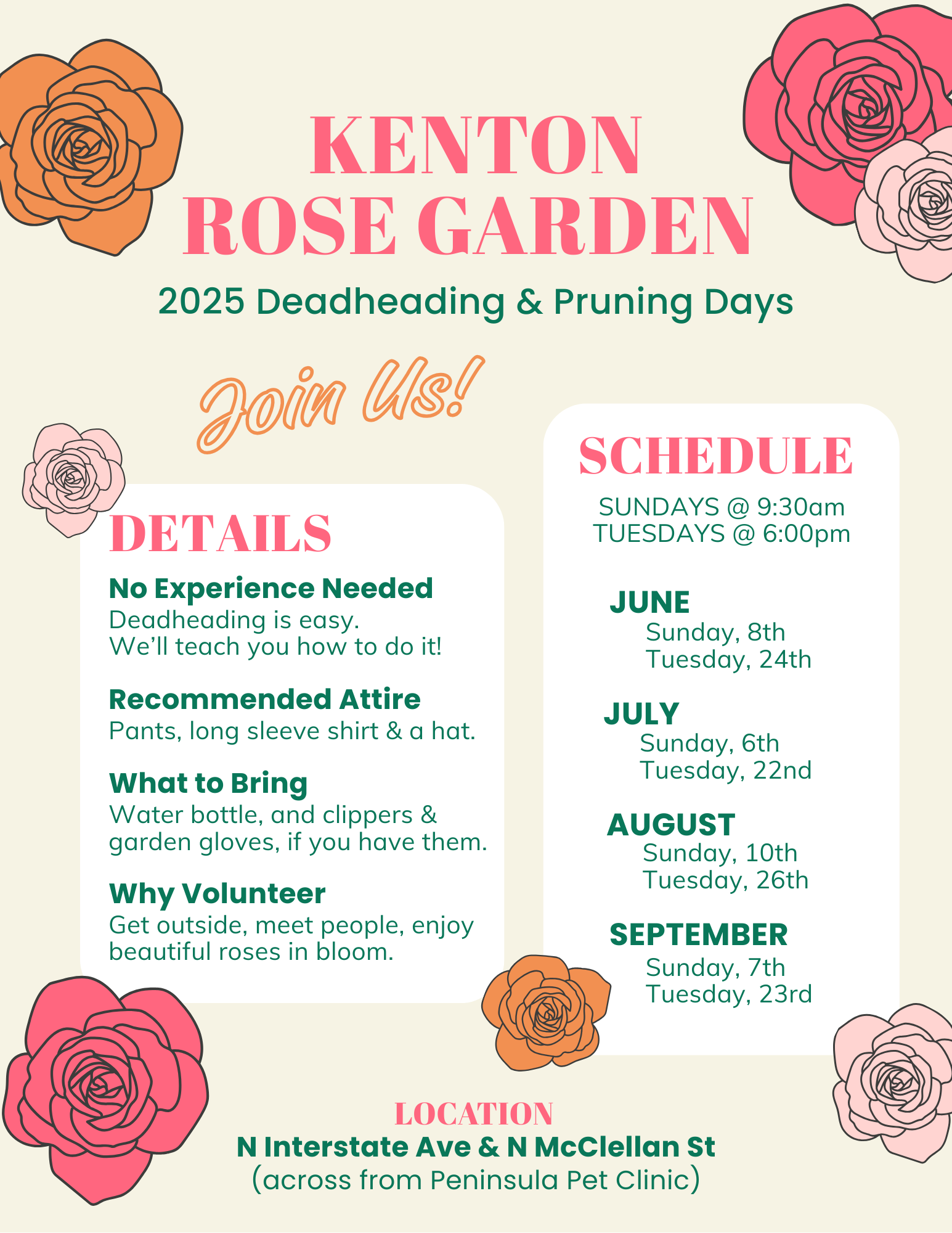 Kenton Rose Garden 2025 Deadheading & Pruning Days flyer; the background is taupe and illustrations of orange, light pink, and coral roses adorn the border.