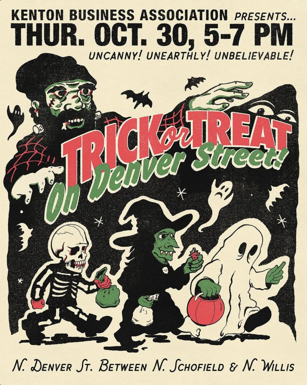 Trick or Treat on Denver Street flyer in a vintage mid-century style featuring a zombie Paul Bunyan and children dressed in skeleton, witch, and ghost costumes.