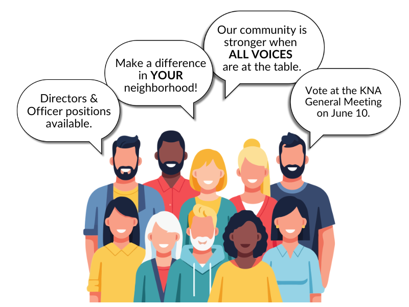 Illustration of people with four speech bubbles filled with text sharing details about the 2026 KNA board of directors election.