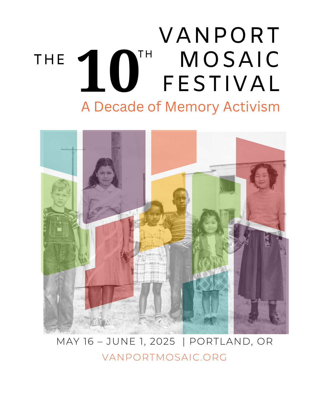 Flyer featuring a black and white photo of children with an overlay of multicolored transparent parallelograms.