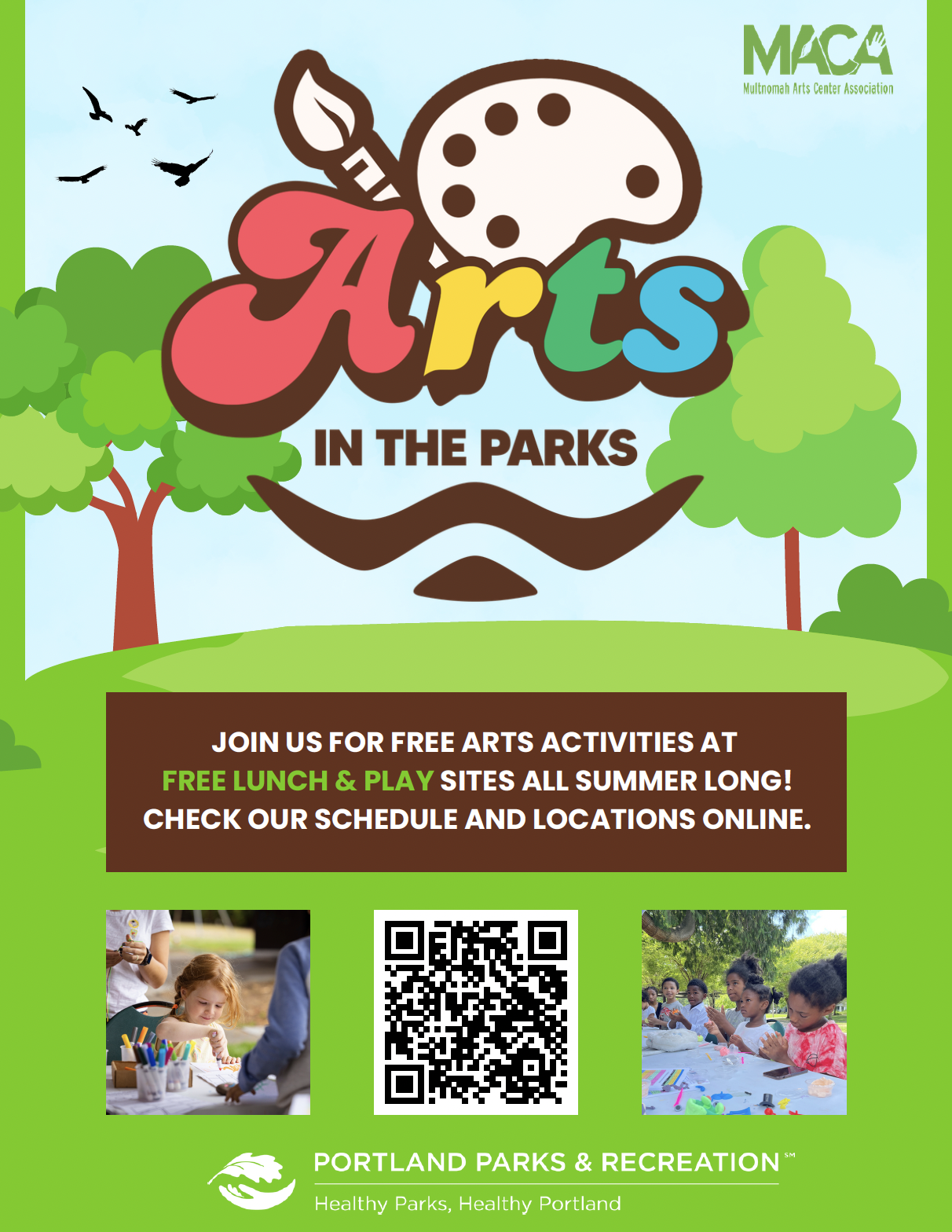 Lime green flyer with a large Arts in the Park logo in the center with simple tree illustrations on either side and photos of children making art below