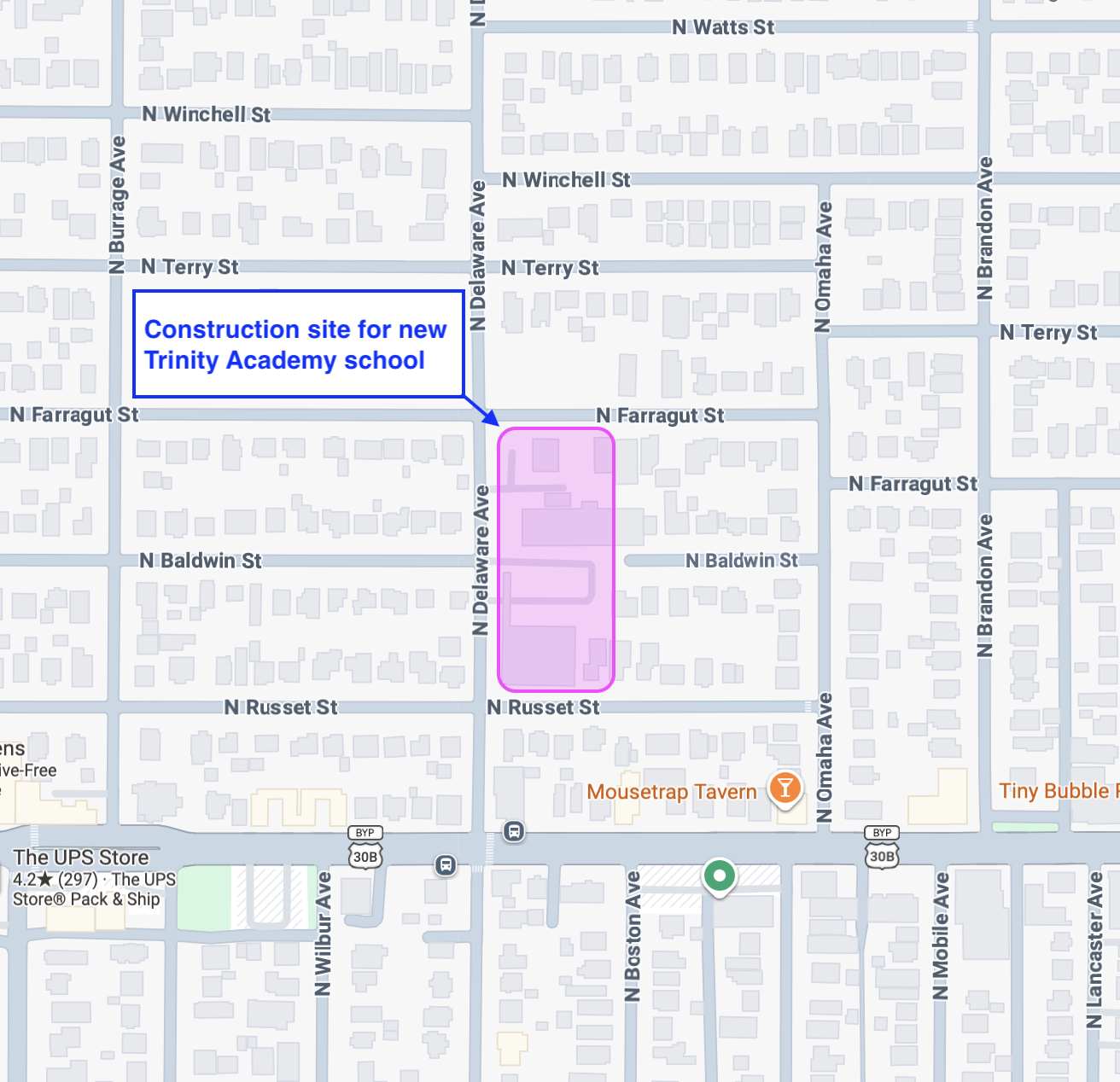 Map with pink rectangle showing the location of the construction area along N Delaware Avenue between N Russet Street and N Farragut Street