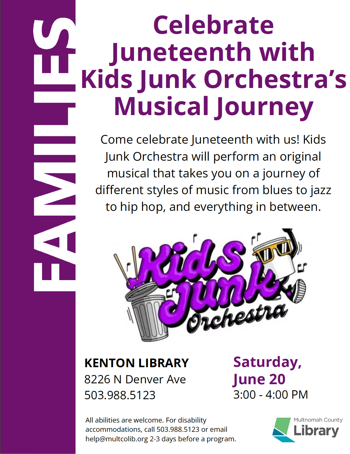 Celebrate Juneteenth with Kids Junk Orchestra’s Musical Journey, June 20, 3pm-4pm at the Kenton Library