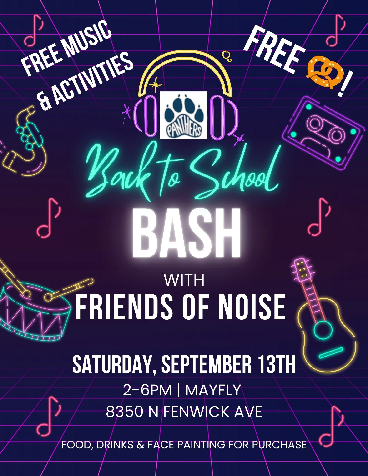 Flyer with a midnight blue background and text reading “Back to School Bash with Friends of Noise” surrounded by neon-light style musical instruments.