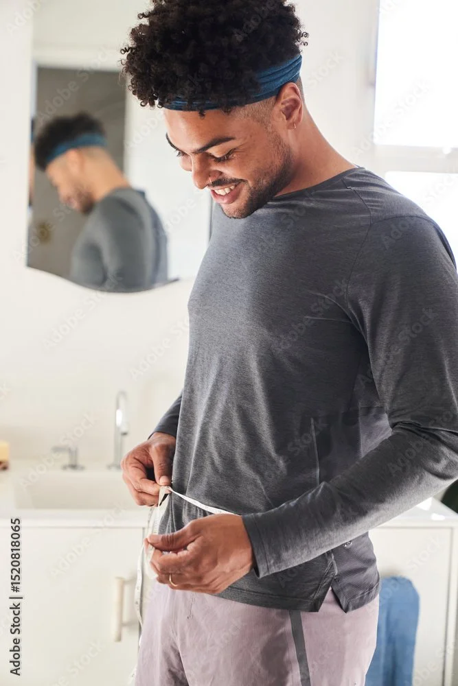 A 35-65-year-old man measuring his waist with a tape measure. He is on an Endzone men's health weight loss plan.