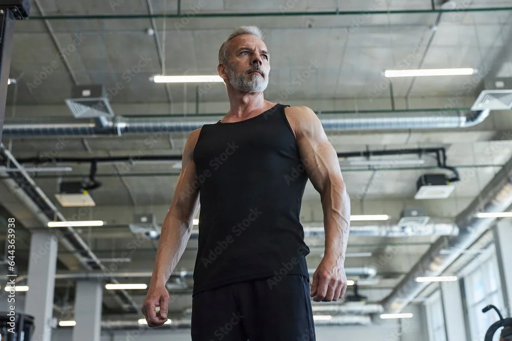 An older man, age 50-65, with a beard, in a black tank top and black shorts, standing in the gym with a serious expression. He is feeling better because he's an Endzone Men's Health patient.