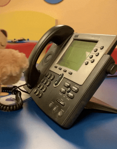 Computer office phone with a cord, placed on a blue surface, with a plush teddy bear on the side