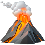 Erupting volcano with lava flowing down the sides and thick smoke rising into the sky.