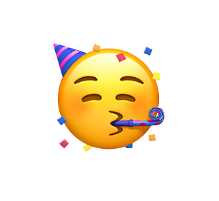 Emoji with a party hat, holding a party horn and blowing a party blowout.
