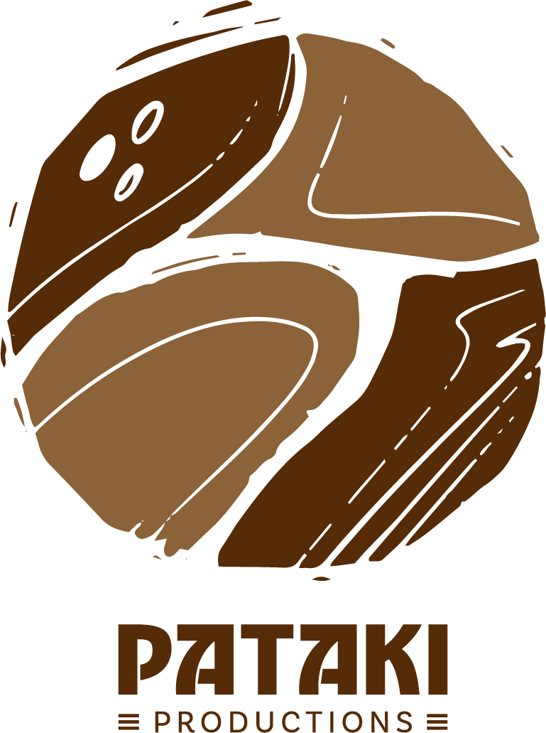 A stylized brown wooden sphere with black lines and dots, resembling a wood grain pattern, with the words 'PATIKI PRODUCTIONS' written below in bold brown letters.